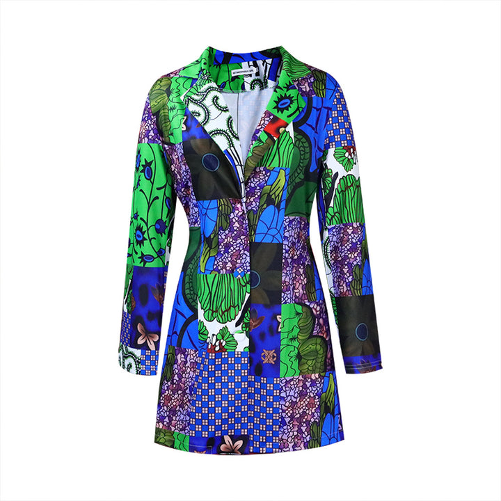 Dame Lang Blazer med farverig Patchwork-design og dekorativ krave Stilla