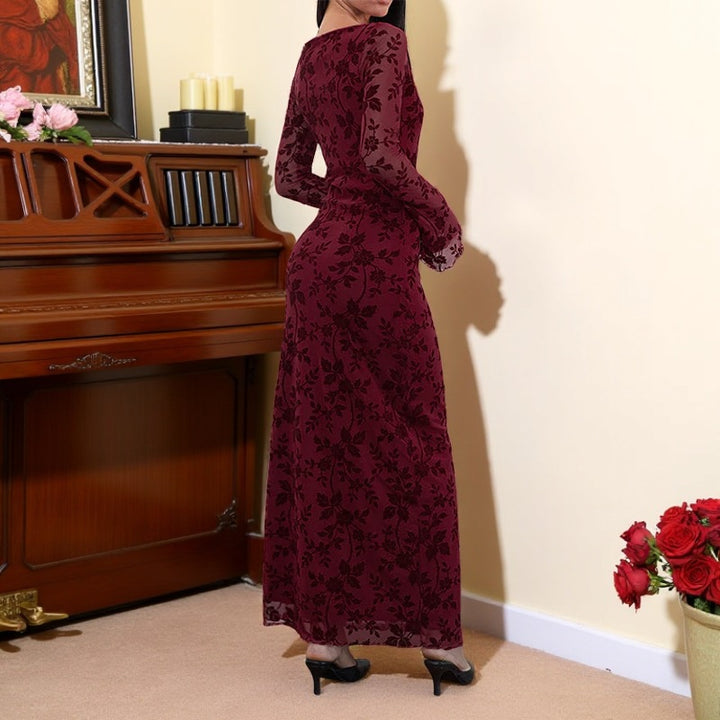 Damer elegant maxi kjole med blomsterapplikationer og transparente ærmer Skovae