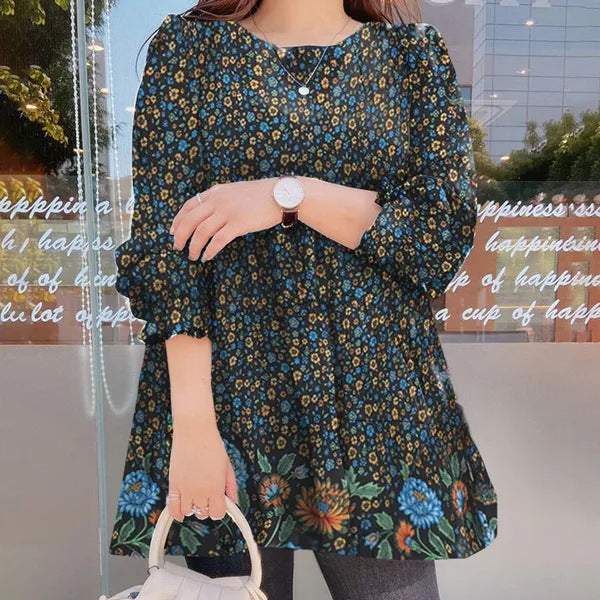 Dame tunika-shirt med blomsterdesign og elastiske ærmer Stilla