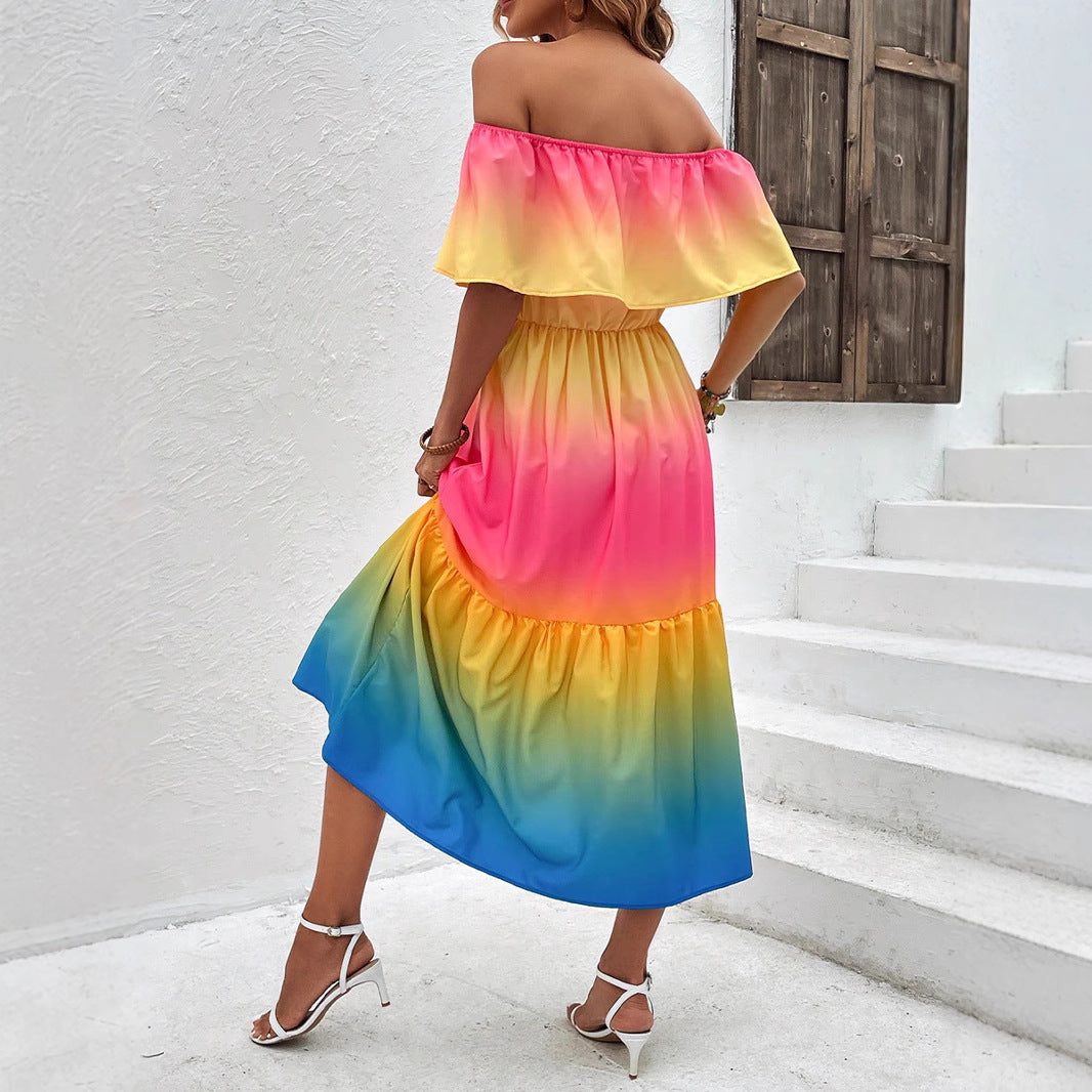 Dame Off-Shoulder Midikjole med farvegradient og flæsedetaljer Stilla