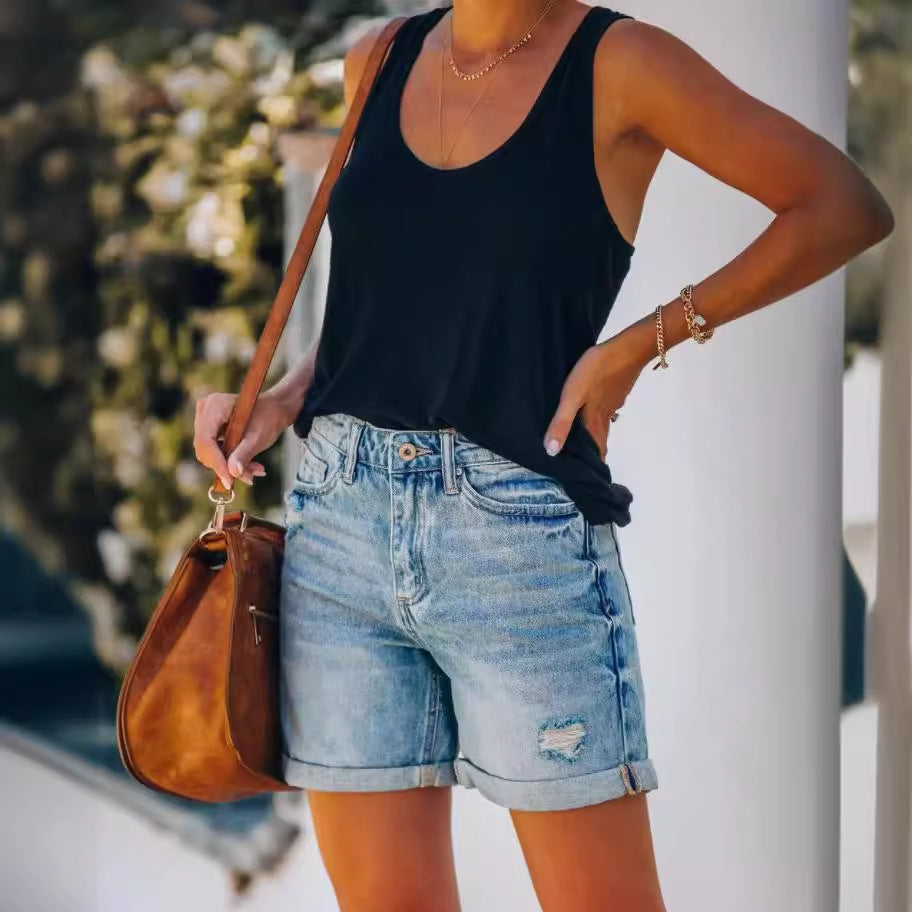 Kvinders Højtaljede Denim Shorts i Vintage Stil Stilla