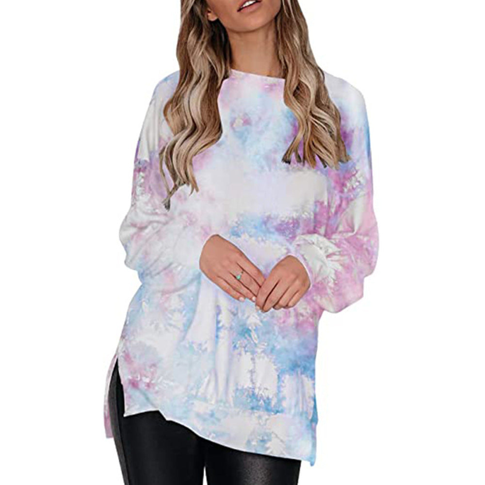 Dame afslappet sweatshirt med moderne tie-dye mønster og asymmetrisk kant Stilla
