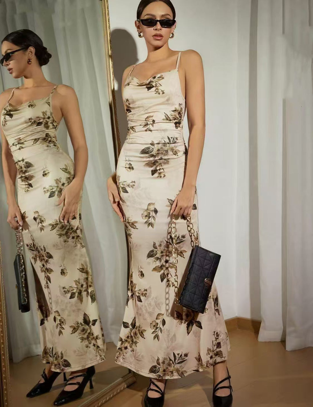 Dame Elegant Maxikjole med floral dekoration og rynker Skovae