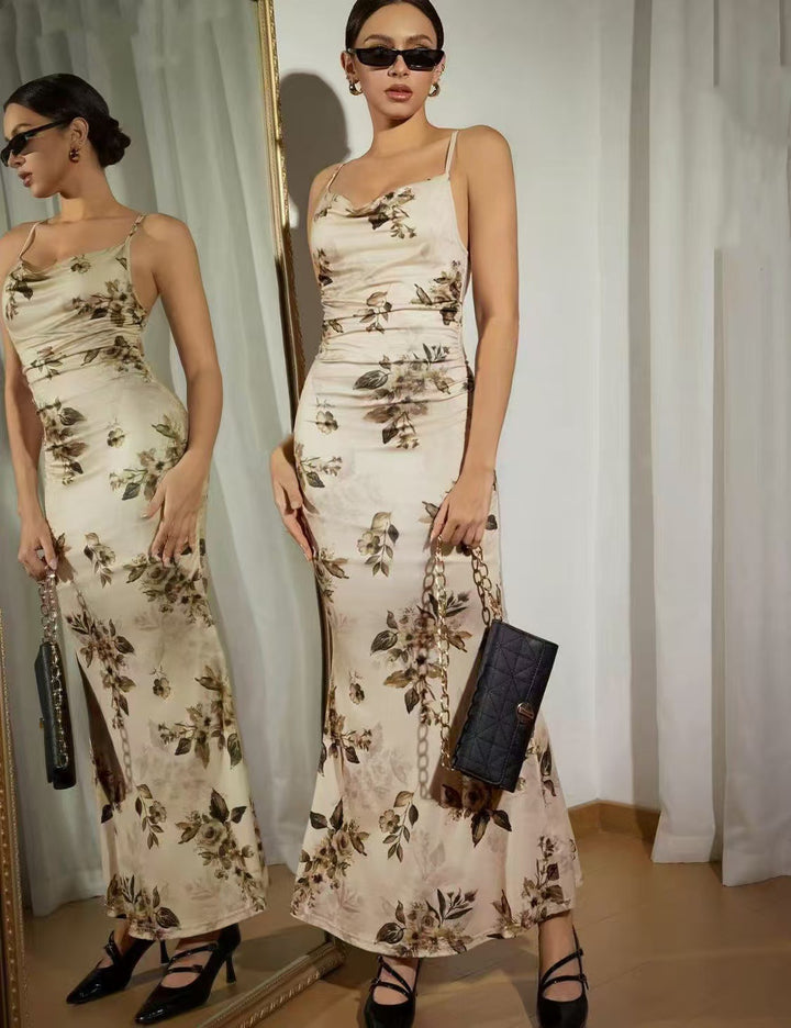 Dame Elegant Maxikjole med floral dekoration og rynker Skovae
