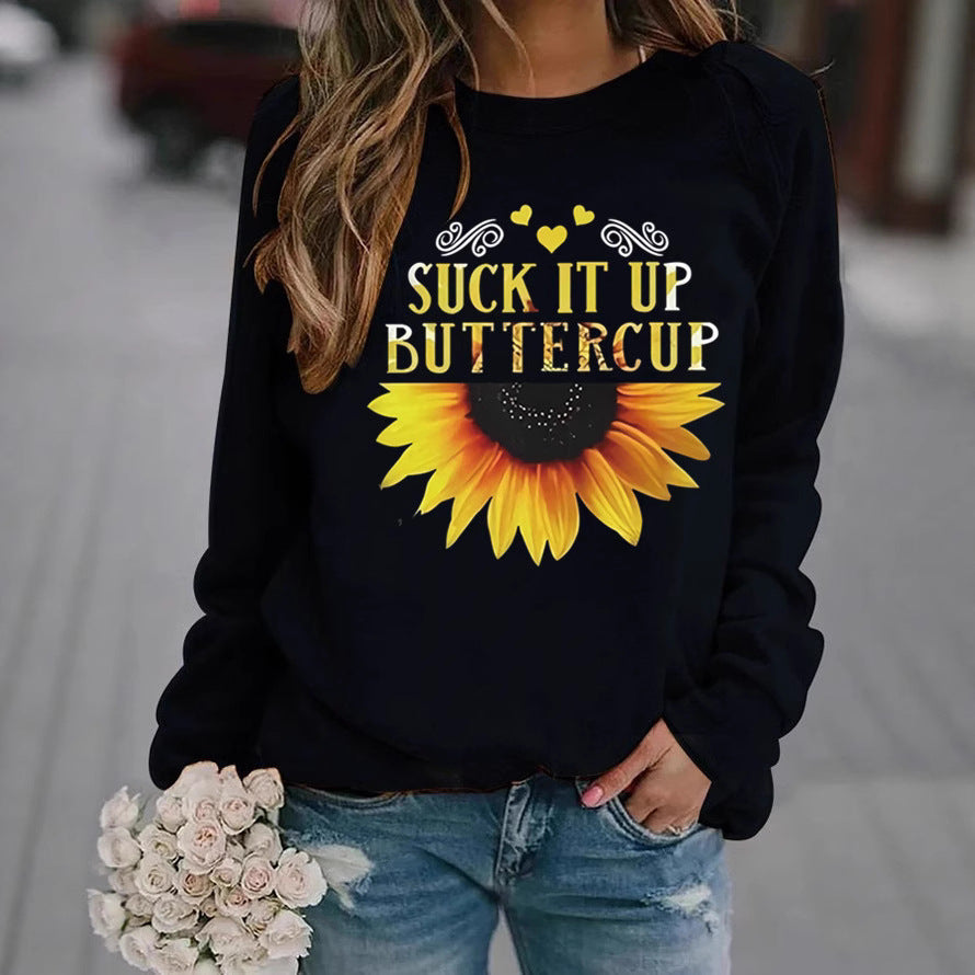 Kvinders sweatshirt med kreativ solsikkeprint og motiverende citat Stilla