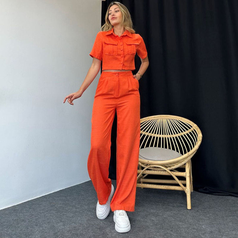 Dame Mode To-delt Sæt med cropped Bluse og vide Bukser Stilla