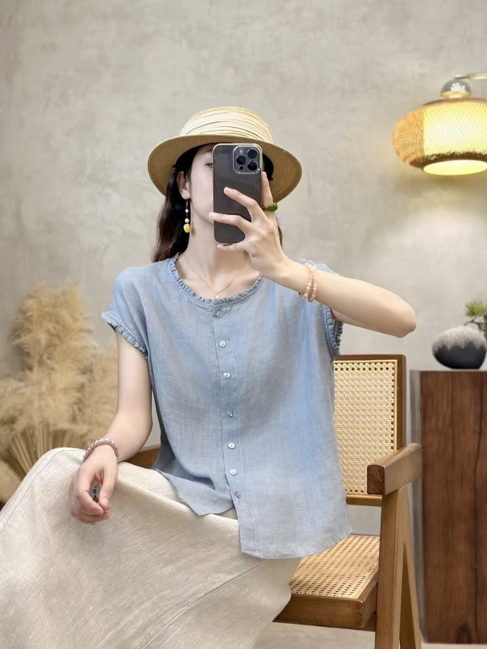 Dame Relaxed Fit Button-Up Korte ærmer Bluse Stilla