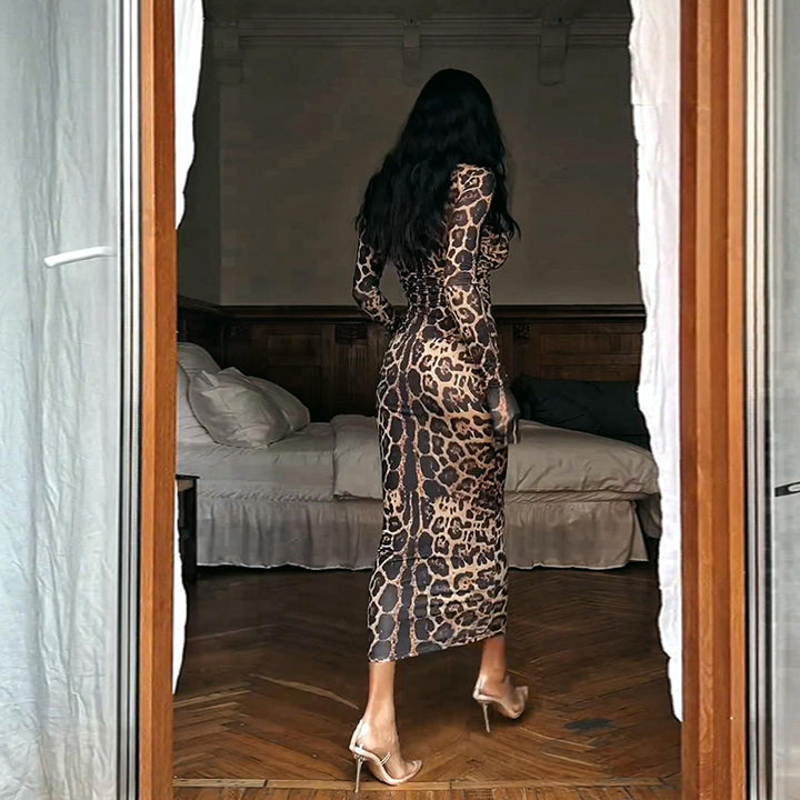 Dame Elegant gennemsigtig Maxikjole med leopardmotiv og lange ærmer Skovae