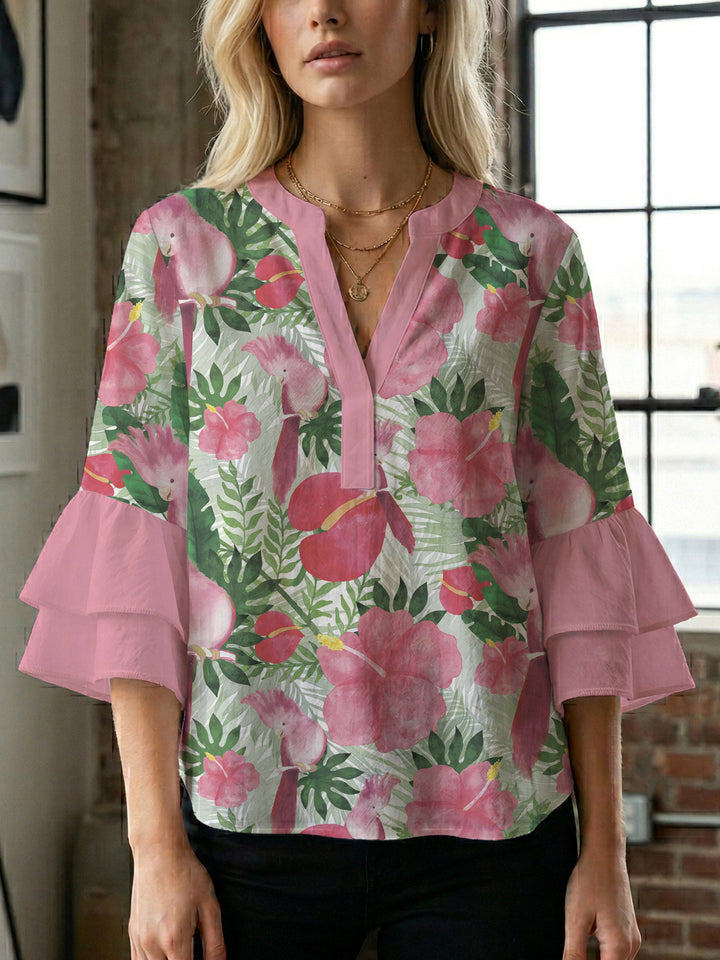 Damebluse med voluminøse flæseærmer og blomstermønster Skovae