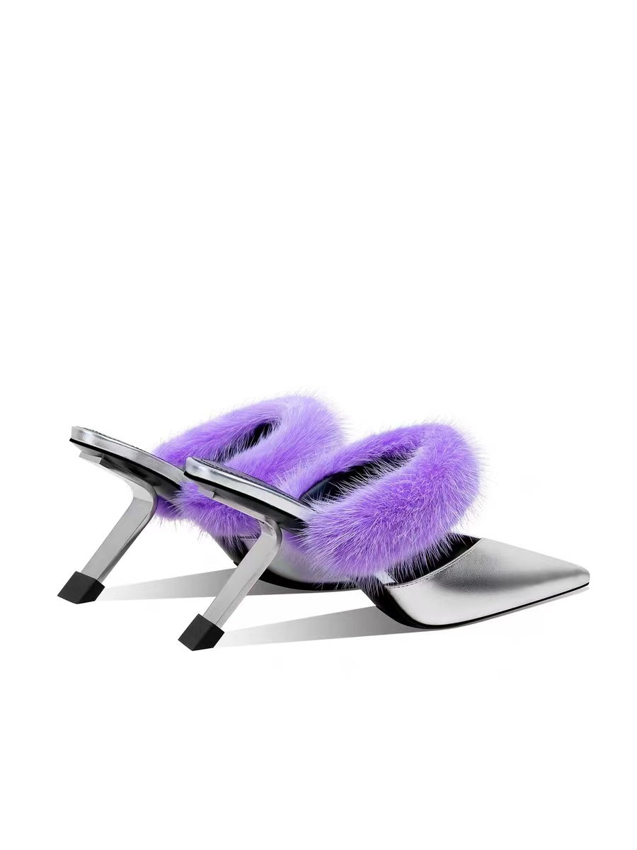 Femme Spitz-Tå Faux-Fur Slipper Mules Stilla
