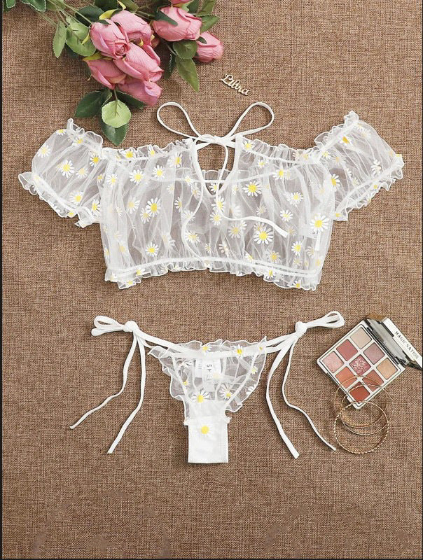 Dame Floral Broderet Crop-Top og Cheeky Brief-Sæt Stilla