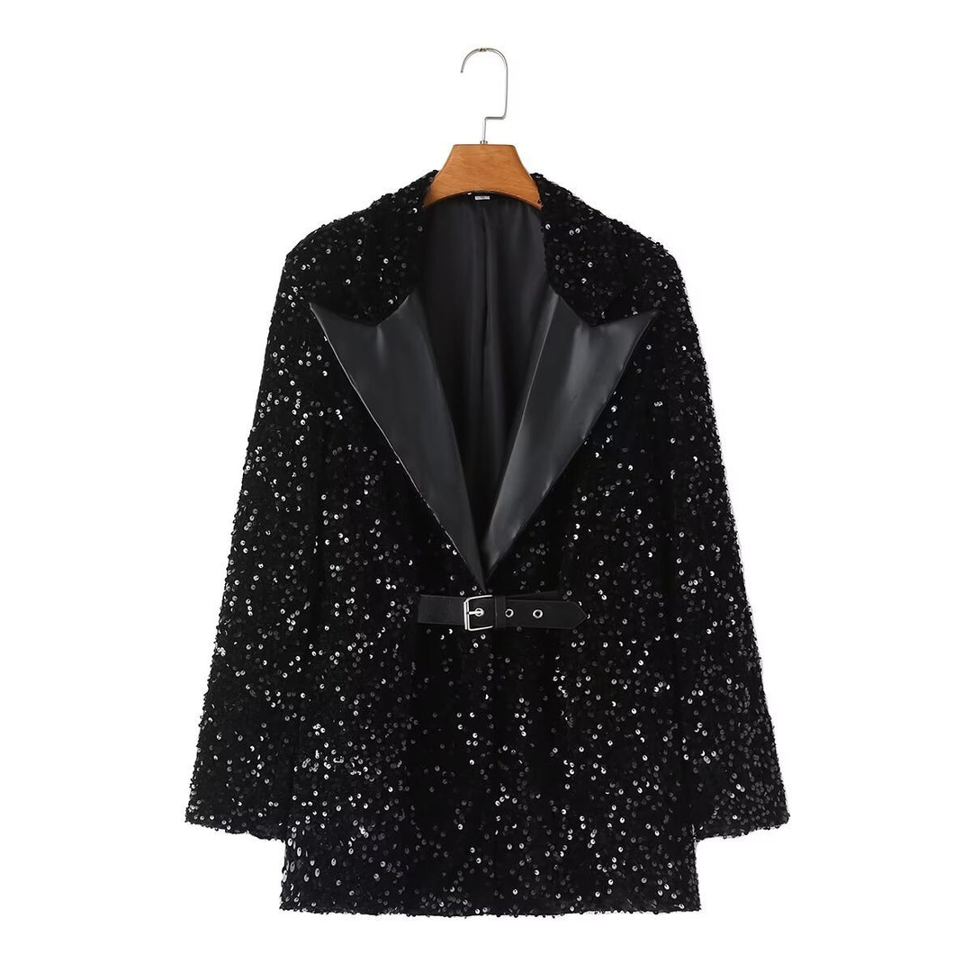 Femme Paillettenbesat Blazer med Bælte Stilla