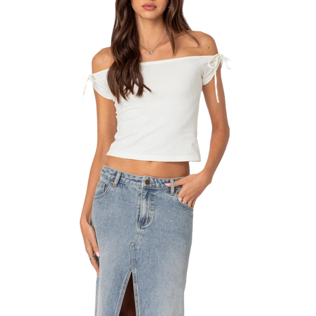 Dame raffineret Off-Shoulder T-shirt med elegante bindebånd Skovae