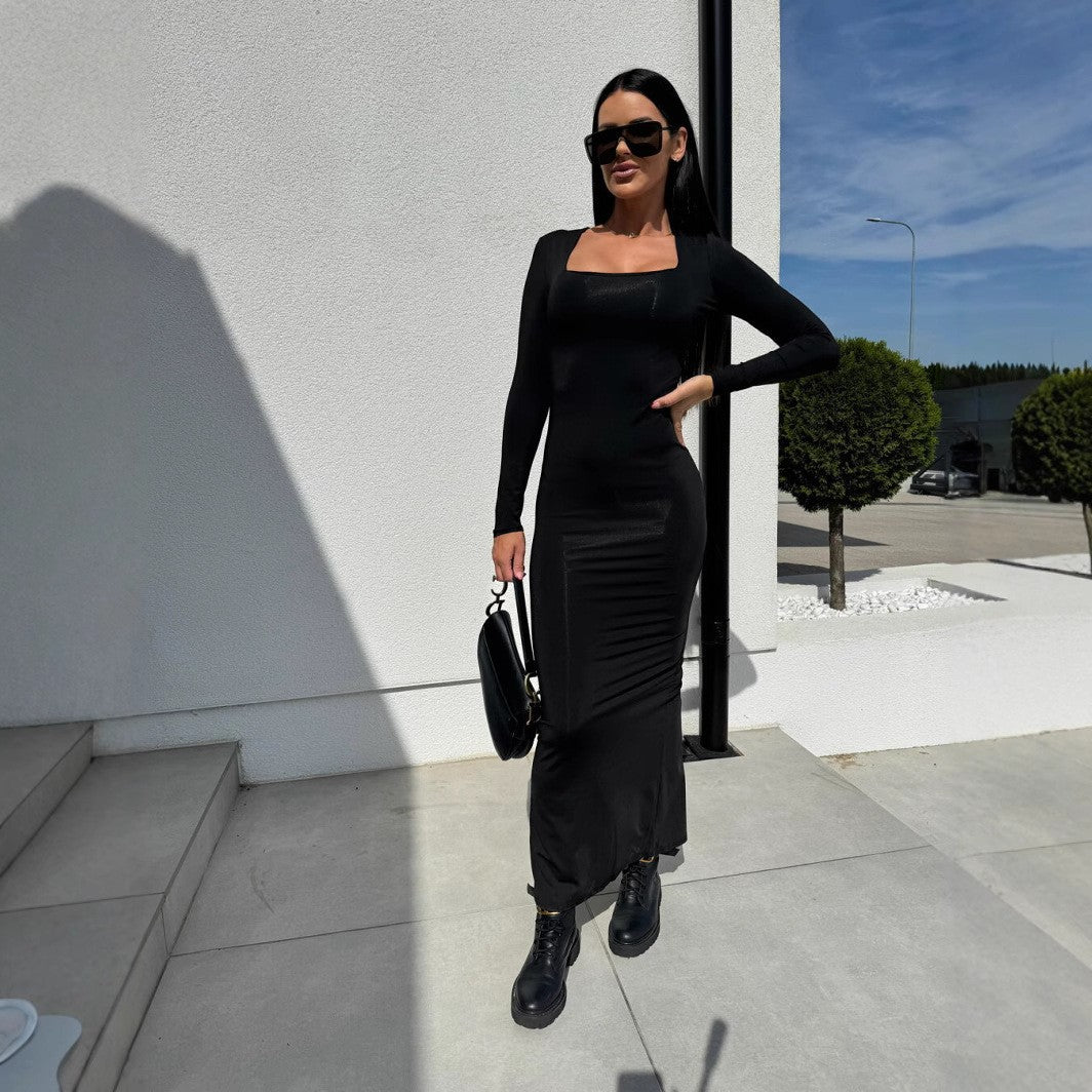 Dame Bodycon Maxikjole med elegant firkantet udskæring og lange ærmer Stilla