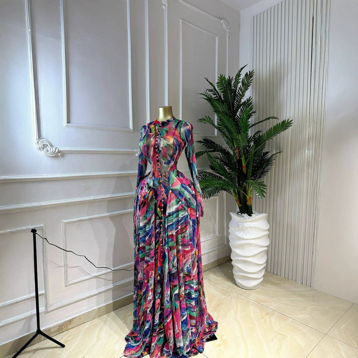 Dame Elegant Maxi kjole med struktureret grafisk design Skovae