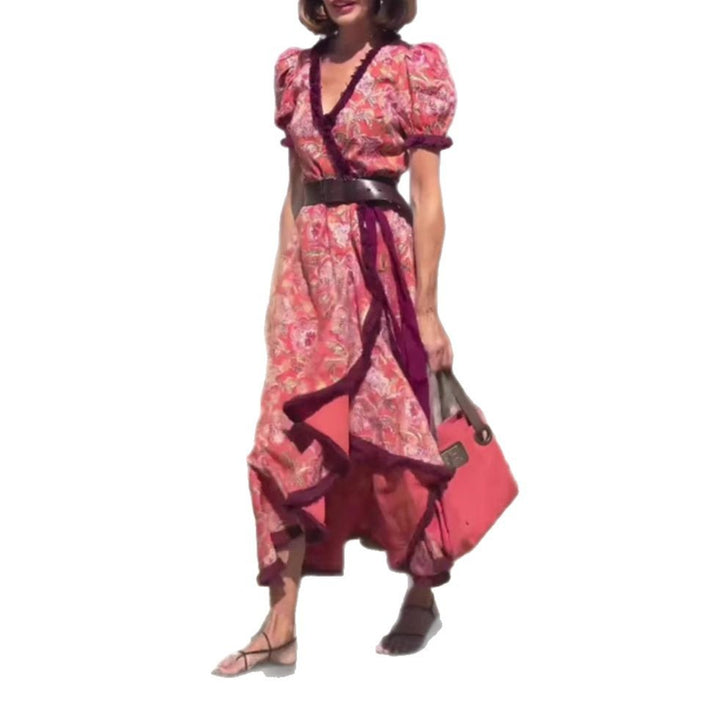 Dame Floral Print Maxi Wrap Kjole med Puffærmer Stilla