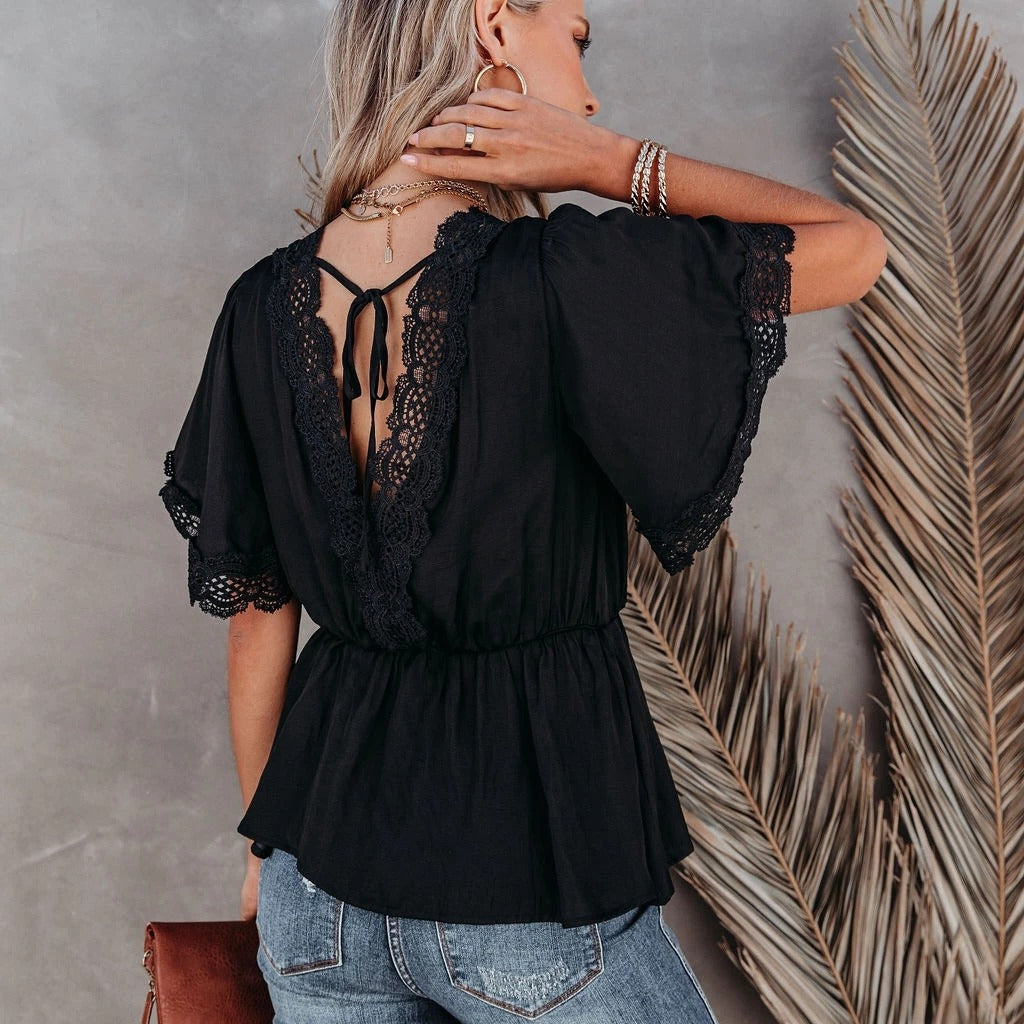 Femme Elegante Spidsbesætning Peplum Top Stilla
