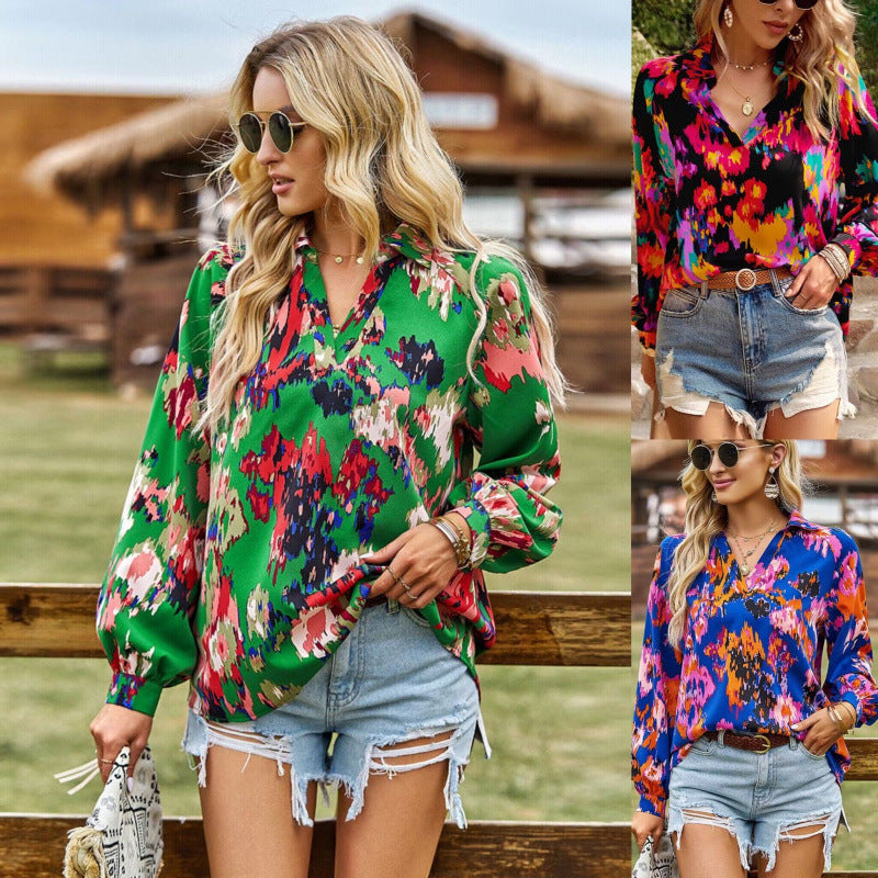 Dame Vibrant Trykt Bluse med Ballonærmer Stilla
