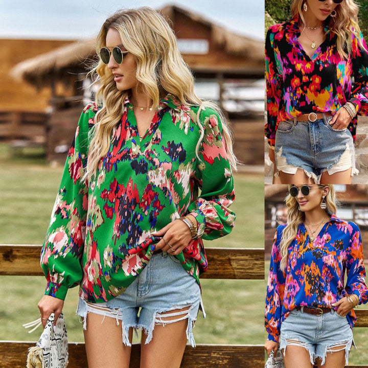 Dame Vibrant Trykt Bluse med Ballonærmer Stilla