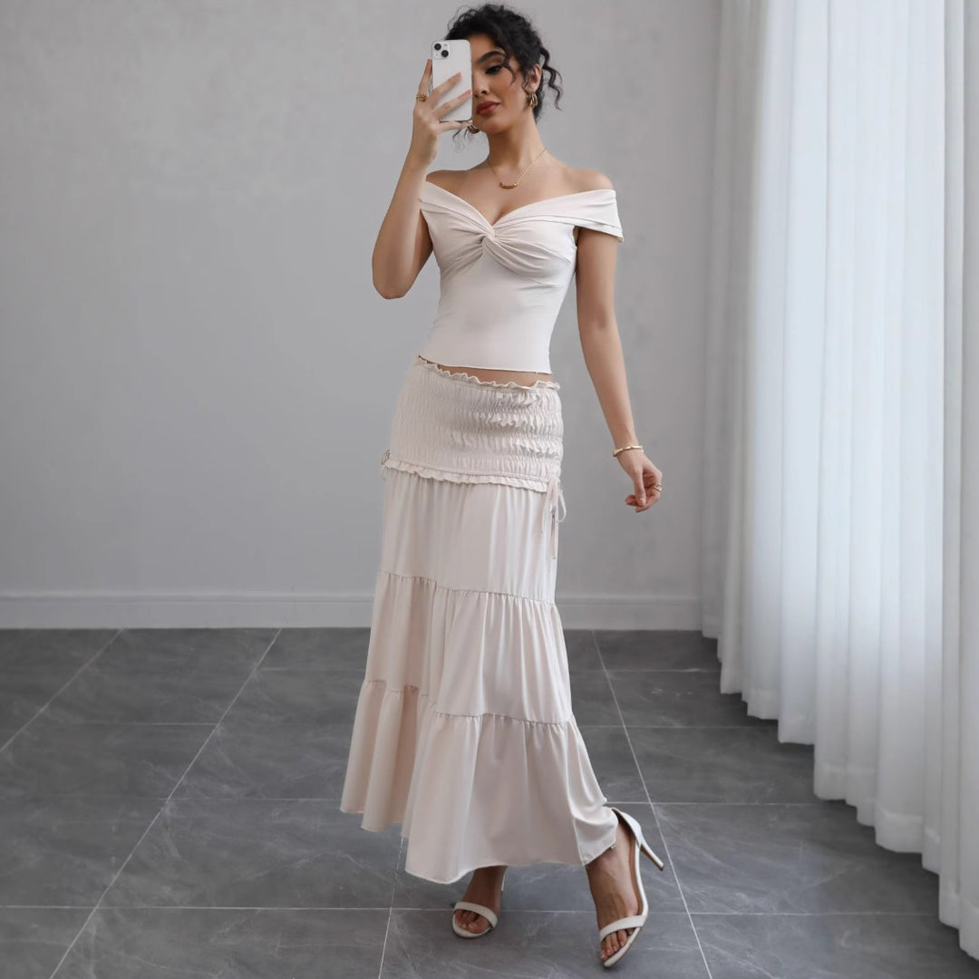 Damer Off-Shoulder Maxi Kjole med Rynket Nederdel og Romantisk Design