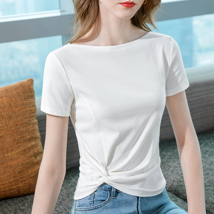 Dame T-shirt med elegant knude-design og blød bomuldsblanding Stilla