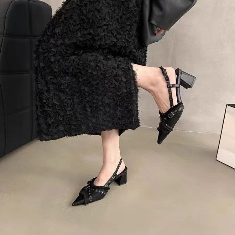 Dame Elegant Spidsed Tå Slingback Pumps med Blokhæl Stilla