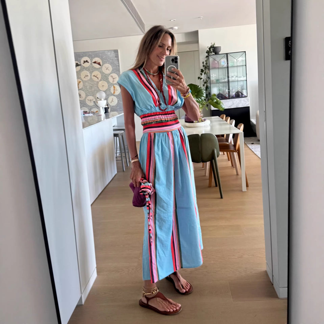 Ladies Beach Maxi Dress with Elastic Waistband and Colorful Striped Pattern Skovae