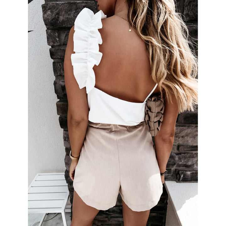 Dame top med voluminøse flæser og figursyede shorts Stiila