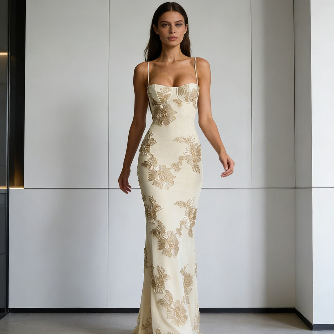 Damer Elegant Figurtilpasset Aftenkjole med florale Broderier Skovae