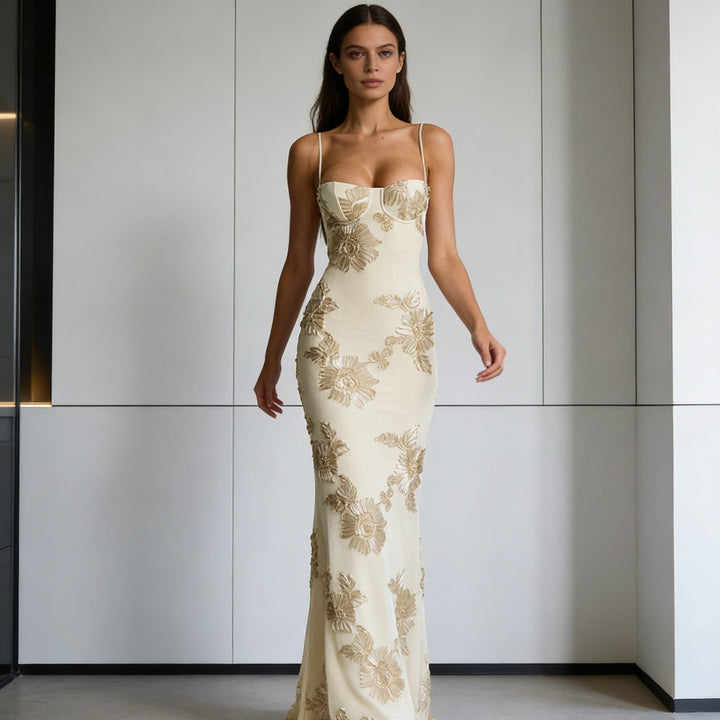 Damer Elegant Figurtilpasset Aftenkjole med florale Broderier Skovae