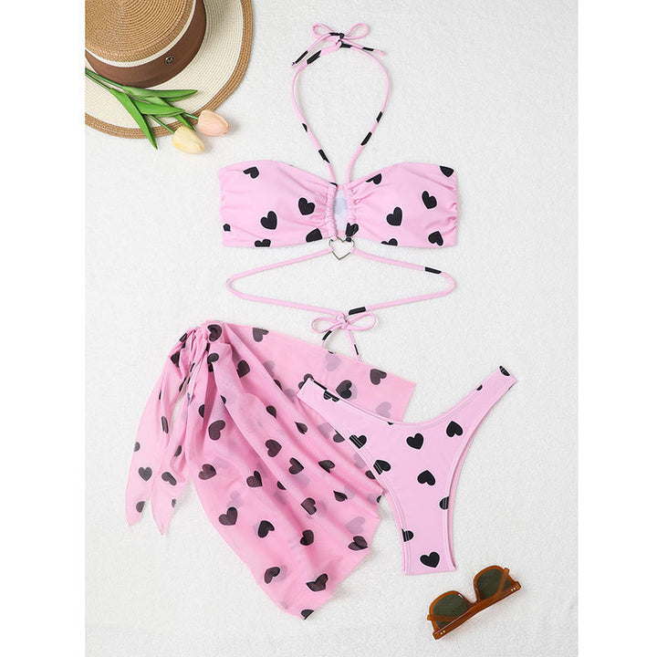 Dame Hjerteprint Bikini Sæt med matchende Wrap Nederdel Stilla