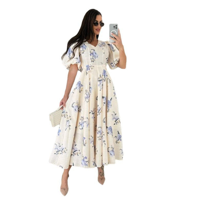 Dame Floral Print Maxi Kjole med Puffærmer Stilla