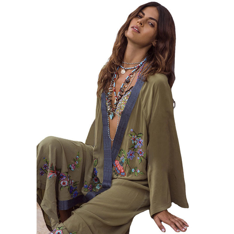 Damer elegant kaftan med blomsterprint og vide ærmer Stilla
