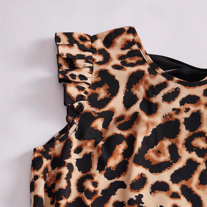 Dame trendy omslagskjorte med flæse detaljer og leopard tryk Stilla
