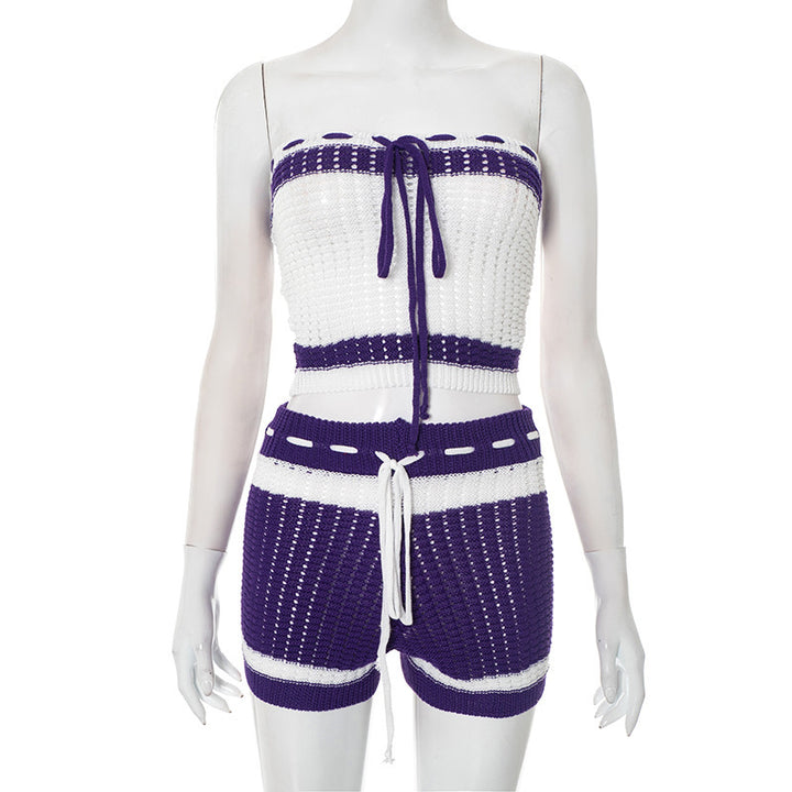 Dame Strikket Bandeau Sæt med Shorts og justerbar snøre Skovae