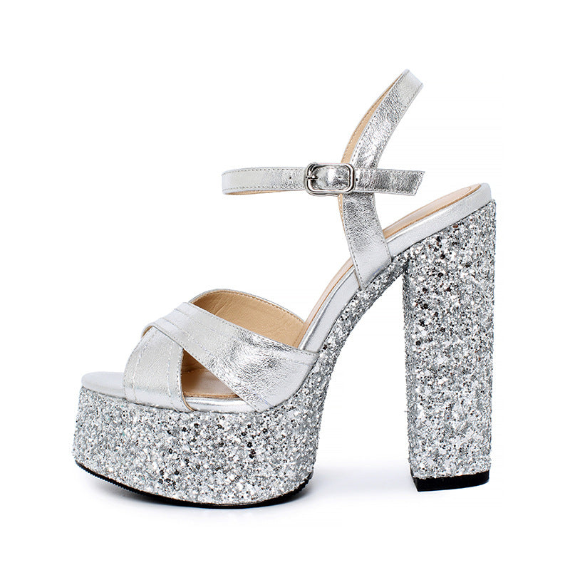 Dame Glitter Platform Sandaler med tykke Blockhæle Stilla