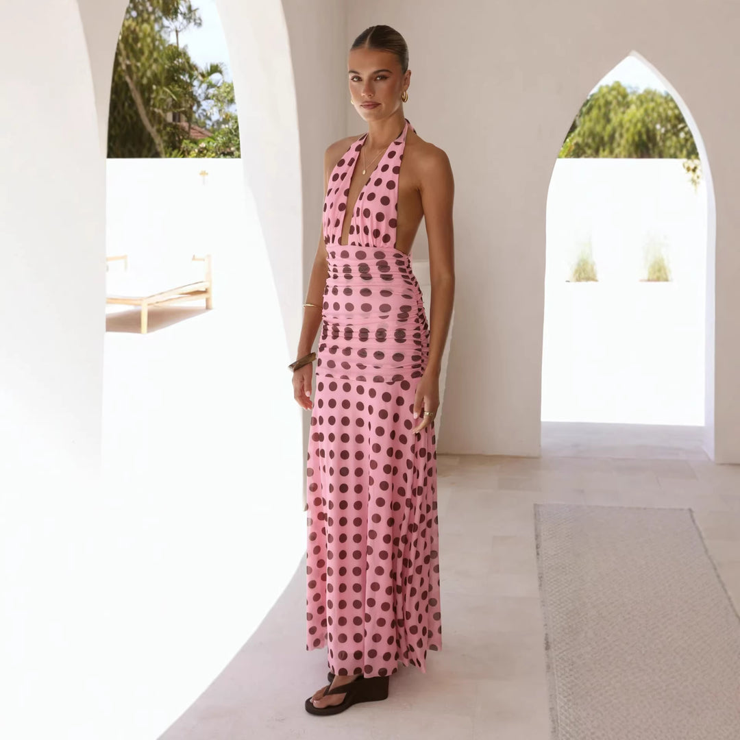 Dame Elegant Maxi Kjole med Dyb V-Hals og Fashionabel Prikket Design