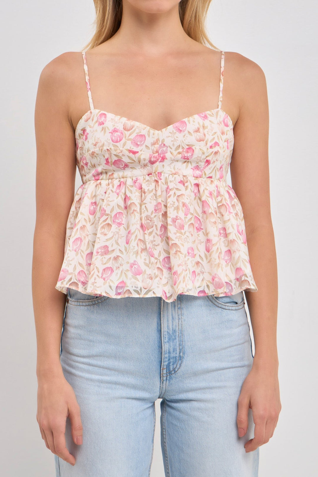 Dame Peplum-top med blomsterdesign og fine spaghetti-stropper Skovae