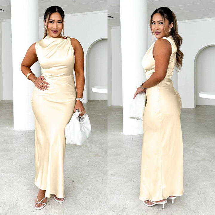 Dame Elegant Bodycon-maxikjole med asymmetrisk udskæring og satinlignende finish Stilla