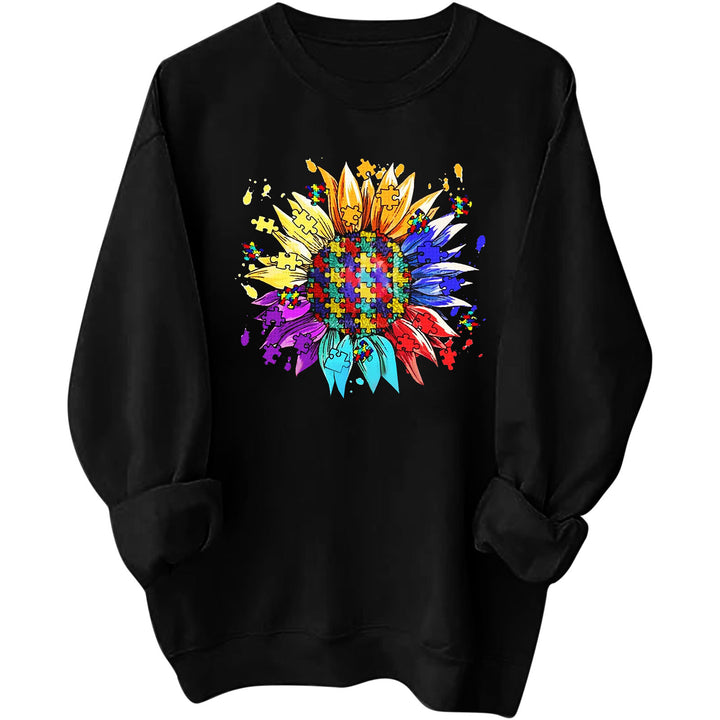 Kvindernes sweatshirt med kreativ puslespilsblomst design og en behagelig pasform Stilla