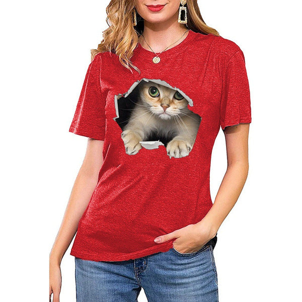 Dame T-shirt med kreativ kattemotiv og struktureret pasform Stilla