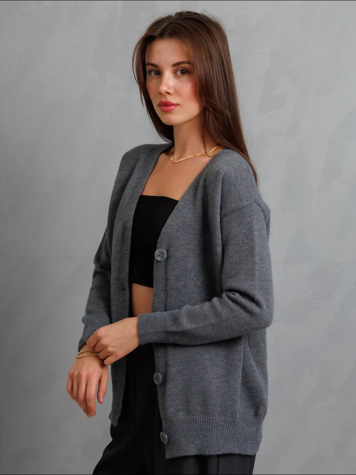 Dame cardigan med knapper og dyb V-hals Stilla
