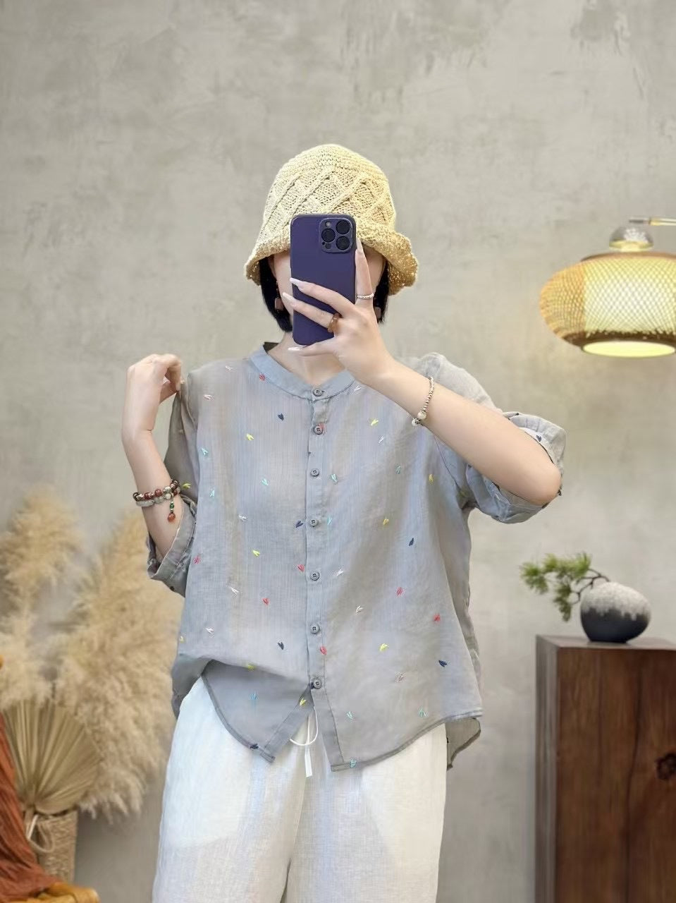 Dame Fritid Let Broderet Button-Up Skjorte Stilla