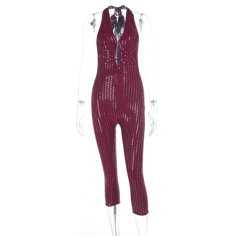 Dame fashion net-jumpsuit med dyb udskæring Skovae