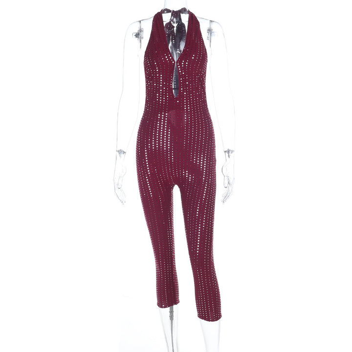 Dame fashion net-jumpsuit med dyb udskæring Skovae