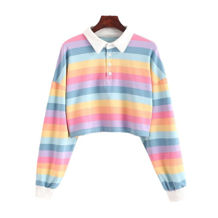 Kvindernes kortærmede polo sweater med farverige striber Skovae