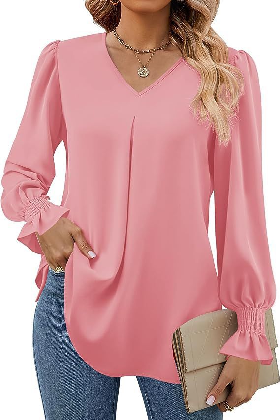 Dame Elegant Bluse med V-udskæring og Pufærmer Stilla