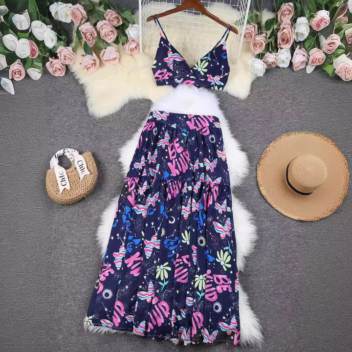 Dame Maxiskørt og Crop Top Ensemble med farverigt print og flydende stof Stilla