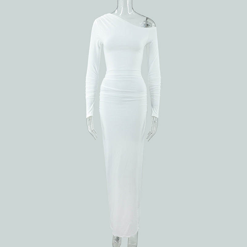 Damer elegant One-Shoulder Maxikjole med figurskænkende rynkning Skovae
