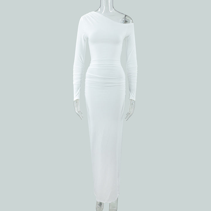 Damer elegant One-Shoulder Maxikjole med figurskænkende rynkning Skovae